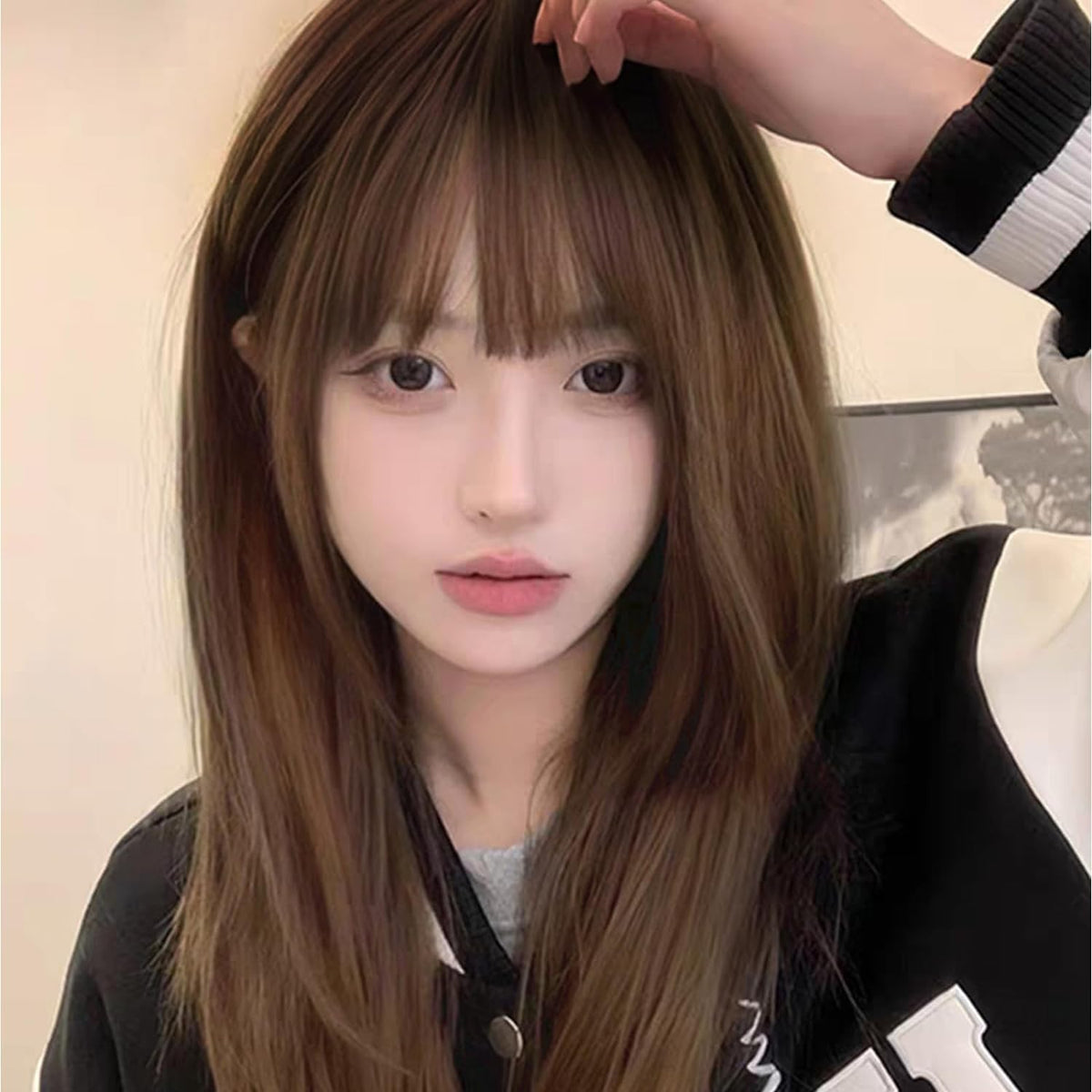 HAIRCUBE Wig, Semi-Long, Straight Layered Cut, Medium, Full Wig, Women's, Wig, Bangs, Natural, Small Face, Heat Resistant, Harajuku Lolita, Daily Use, With Net/Comb (Brown)