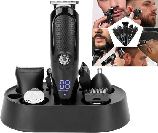 Low Voice Electric Trimmer with Lcd Digital Display 5 in 1 Electric Clipper 5 Cutter Head Shaver Usb Charging Waterproof Nose Hair Beard Shaver Haircut Grooming Tool Kit for Men and Children