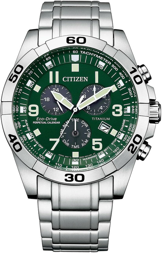 BL5550-50X Men's Eco-Drive Wristwatch, Waterproof, 10 ATM, Green, Popular Overseas Model, Silver, Silver, Bracelet Type