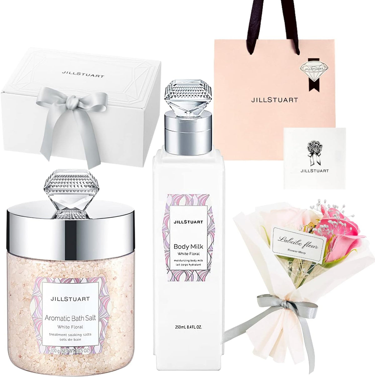 Jill Stuart Gift Coffret Aromatic Bath Salt, White Floral   Body Milk, Body Care Gift Set (Includes Gift Box, Shopper, Message Card, Mini Bouquet)