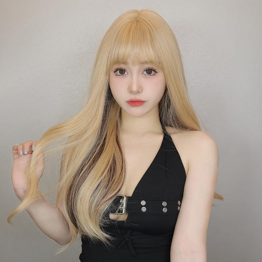 Haircube Wig, Semi-Long, Curly Hair, Bangs, Inner Color, Women's, Full Wig, Perm, Small Face Effect, Fashion, Medium, Cute, Costume, Heat Resistant, With Net (Light Gold, Inner Color, Light Brown)