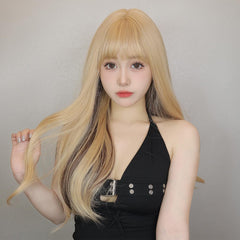 Haircube Wig, Semi-Long, Curly Hair, Bangs, Inner Color, Women's, Full Wig, Perm, Small Face Effect, Fashion, Medium, Cute, Costume, Heat Resistant, With Net (Light Gold, Inner Color, Light Brown)