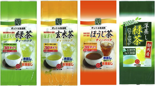 Ochanomaruko Deep Steamed Green Tea, Green Tea with Matcha, Genmaicha with Matcha, Hojicha, 4 Types of Tea Bag Set