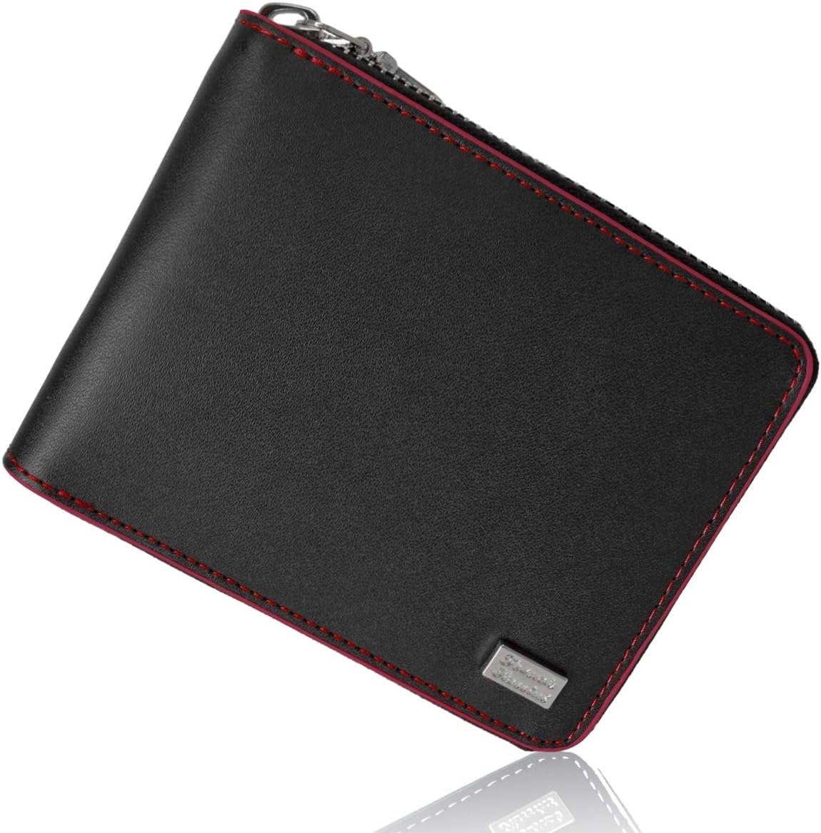 Men's Bifold Wallet, Cowhide Leather, Round Zipper, Black/red