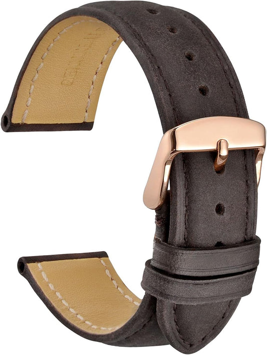 Genuine Leather Watch Band, 0.71, 0.75, 0.87, 0.83, 0.94 inches (18, 19, 20, 21, 22, 23, 24 mm), Calf Leather, Replacement Band, Brown, Adjustment Tools and Spring Bars Included