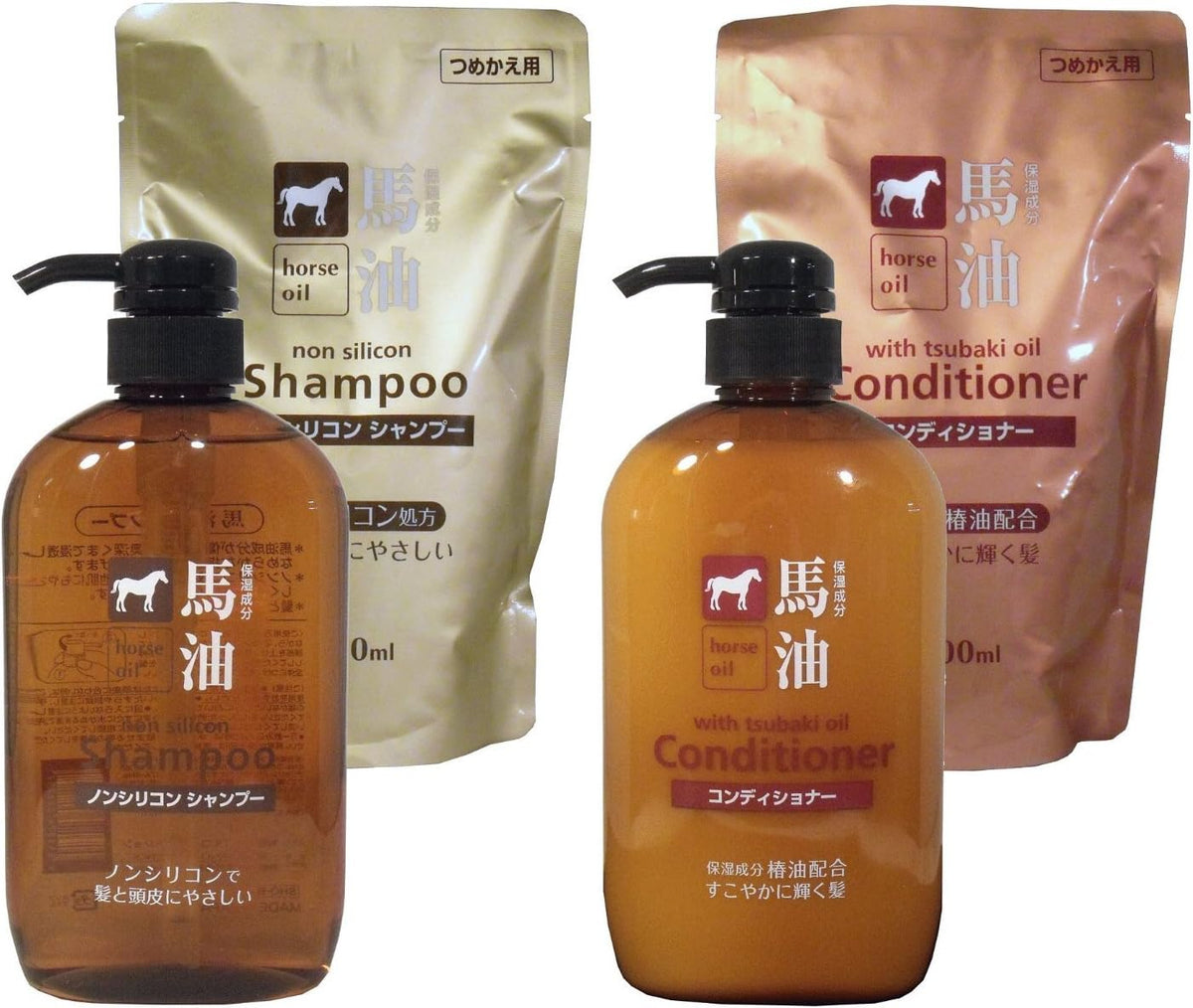 [Japanese Shampoo and Conditioner] Kumano Yushi Horse oil shampoo   conditioner 4-piece set with refill Made in Japan