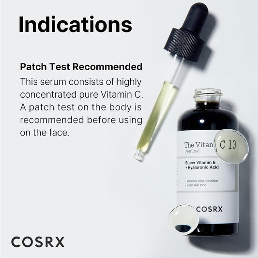 COSRX Vitamin C 13 Serum, 0.7 fl oz (20 ml), Vitamin C, Vitamin E, Hyaluronic Acid, Hydration, Pure Vitamin C, Genuine Vitamin C, Sensitive Skin, Tested for Human Body, Cosmetics, Cosmetics, Essence,