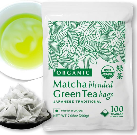 NAKANE TEA INC. Organic Green Tea with Matcha, Tea Bags, 100 Packets (0.7 oz (2 g) x 100 Pieces, Shizuoka Prefecture, Organic Japanese Tea