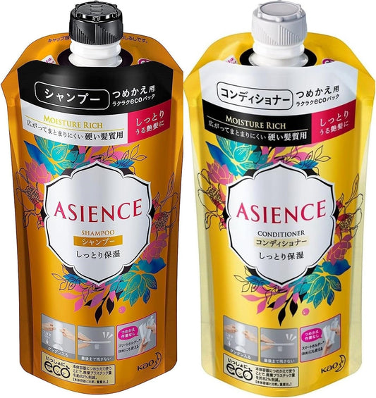 [Japanese Shampoo and Conditioner] Set of 2 Kao Asience Moisturizing Refill Shampoo Conditioner 340ml 2 bottles For hard hair type