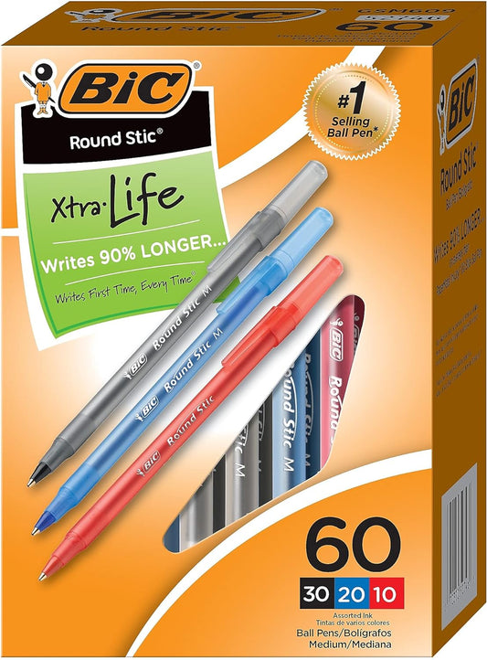 BIC Round Stic Xtra Life Ball Pen, Medium Point (Black, Blue  amp; Red, 60 Count)