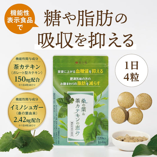 Wakan no Mori Blessings of Mulberry Leaves   Tea Catechin 1 Bag 120 Tablets Food with Functional Claims Suppress Blood Sugar Levels Reduce Belly Fat Visceral Fat Supplement