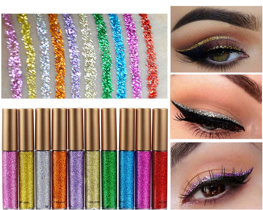 Glitter Eyeliner Color Eyeliner Set, Liquid Brush Pen, Eyeliner, Color Eyeliner, Waterproof, Long Lasting, Colorful, Western Style, Portable, Easy to Use (10 Pieces/Set)