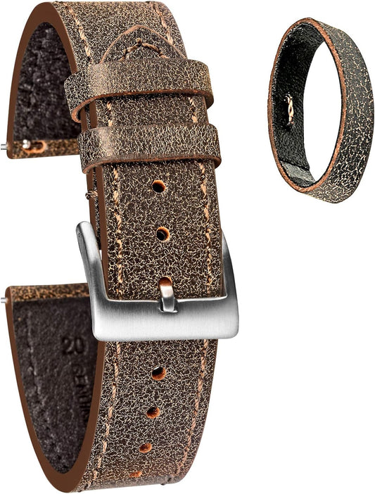Watch Band, Watch Band, Genuine Leather Mustrot Leather Watch Strap, Soft Vintage Fine Leather Grain, 0.7/0.9 inches (18/20/22 mm), Quick Release Watch Strap