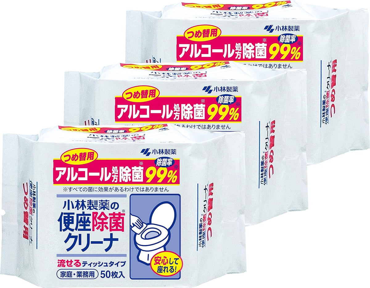 Kobayashi Pharmaceutical Toilet Seat Disinfecting Cleaner, Flushable Sheet, Alcohol Disinfectant, Toilet Cleaning, Refill, 50 Sheets x 3 Packs