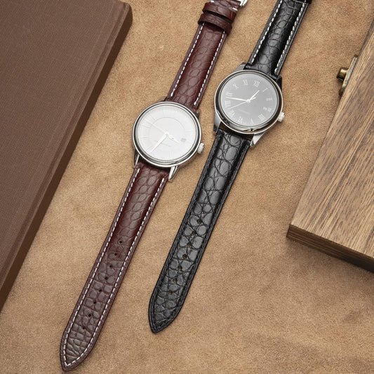 SEURE Genuine Leather Band, Alligator Leather and Cowhide Leather, Watch Strap, 0.71, 0.79, 0.83, 0.83, 0.97 inches (18, 19, 20, 21, 22 mm) Crocodile, Watch Strap, Replacement Strap, Waterproof, Sweat Proof, Unisex