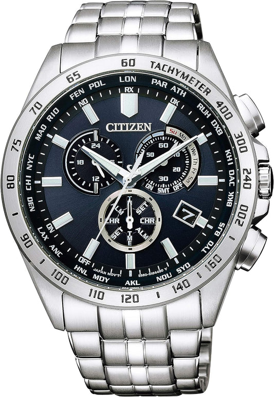 CITIZEN CB5870-91L Citizen Collection, Eco-Drive Radio Watch (Silver, Business, Waterproof, Men's), Citizen Gift, Radio Solar,, Dial Color - Blue, Watch Solar Powered World Time Perpetual Calendar